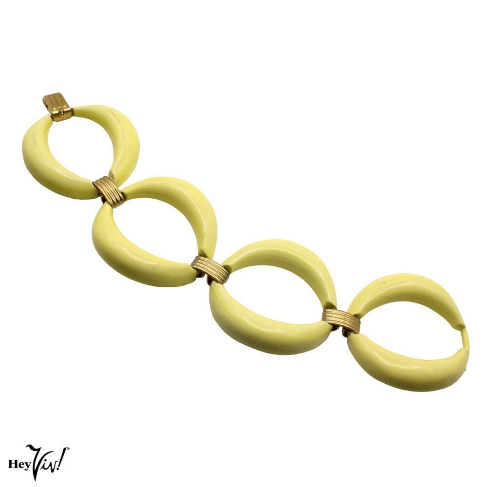 Vintage 1960s Mod Yellow Enamel Link Bracelet Gold Tone Accents 7" - Hey Viv